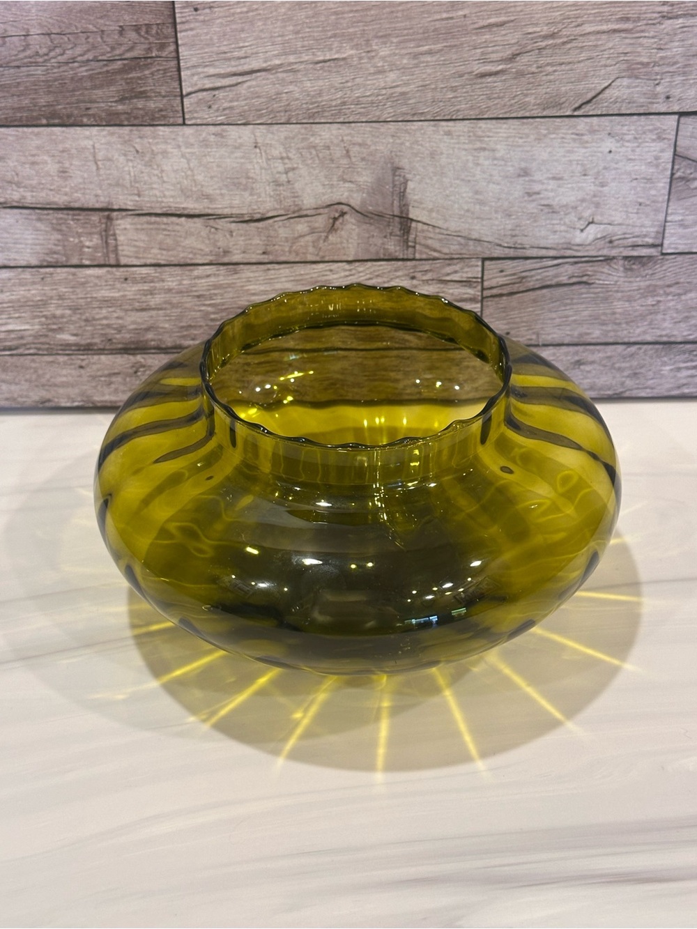 Vintage Pilgrim Glass Olive Green Optic Rose Bowl Vase Mid Century MCM Fish Bowl